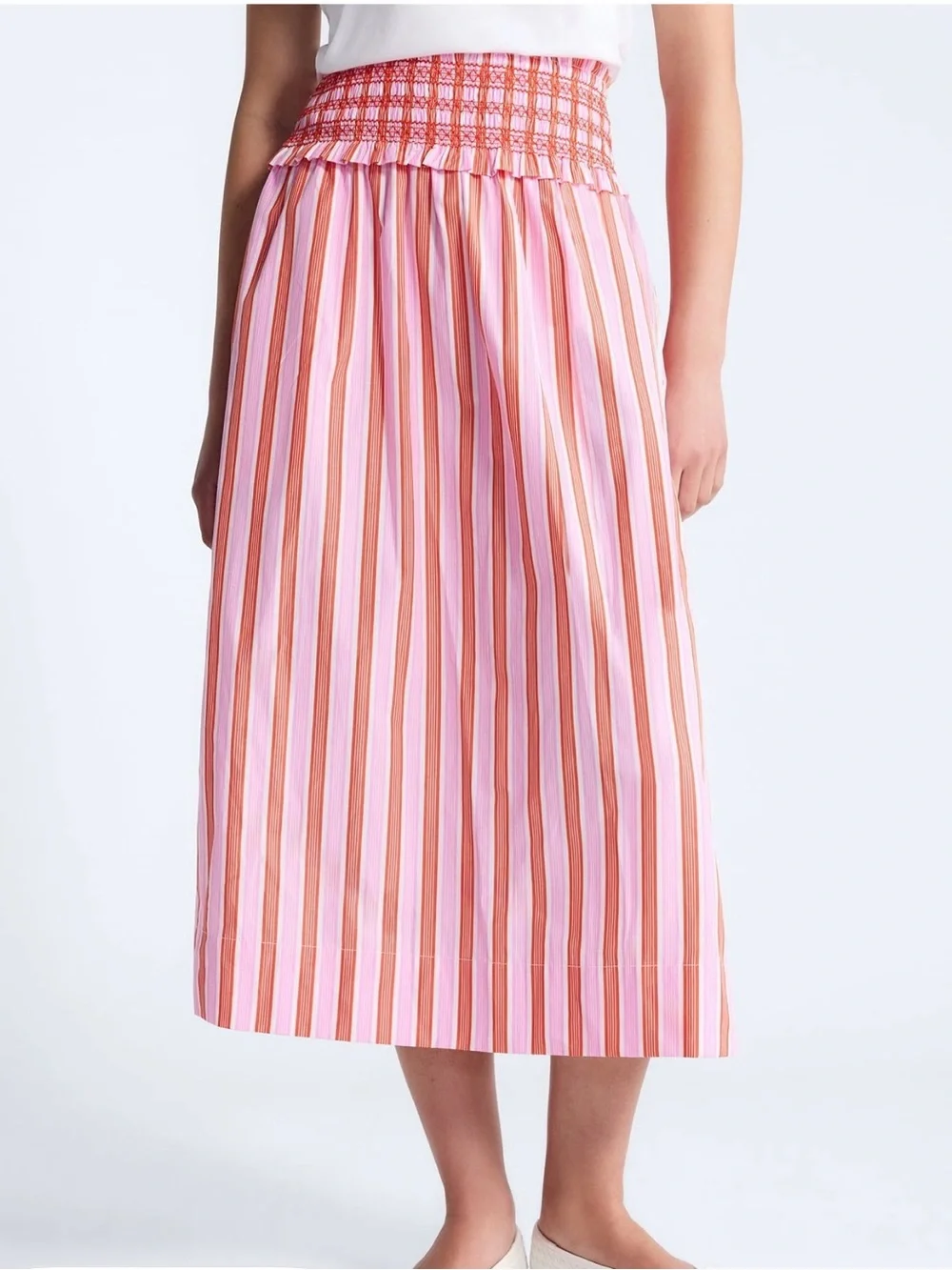 Free assembly, striped cotton, midi skirt with smocked waist